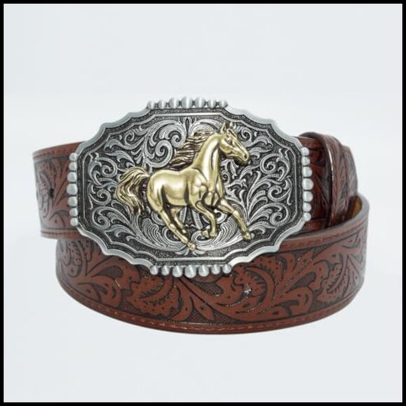 Western PU Leather Belt Floral Embossed Vintage Buckle Cowgirl Cowboy Style - Picture 3 of 7